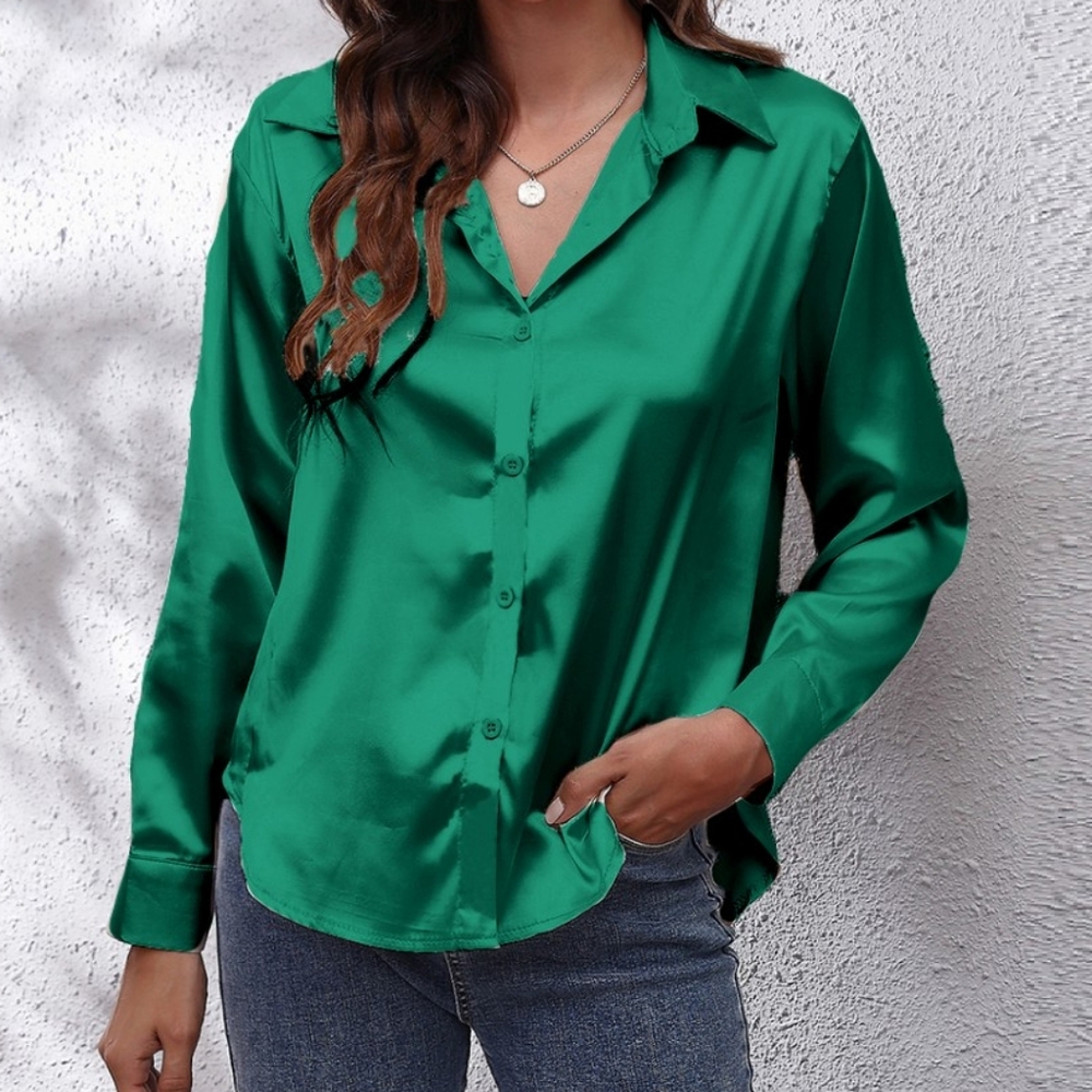 Green Collared Neck Buttoned Long Sleeve Shirt